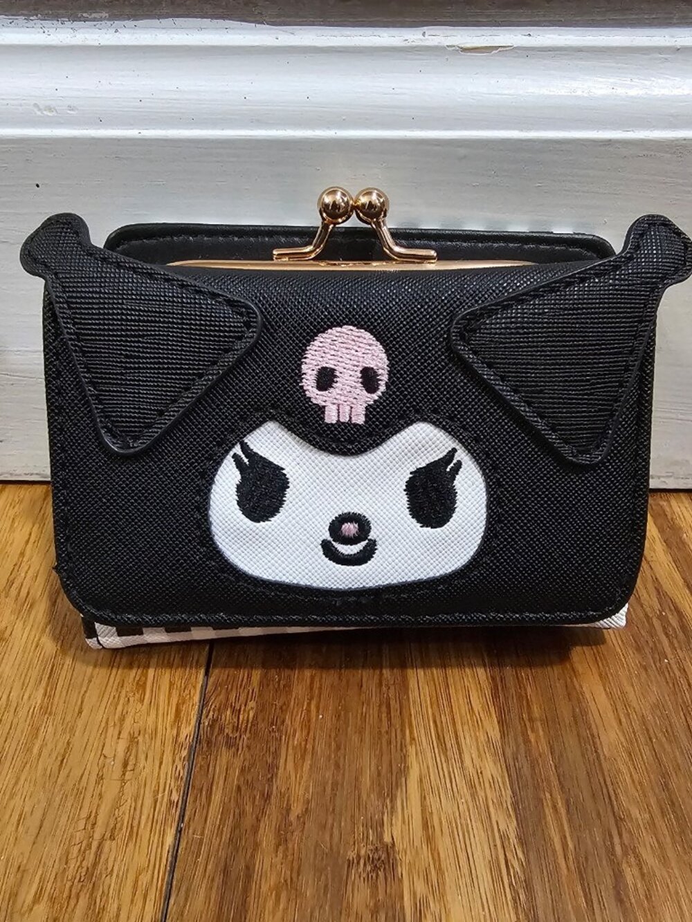 Sanrio Kuromi Kiss Lock Wallet Black White Gingham Check Goth Kawaii Tri Fold